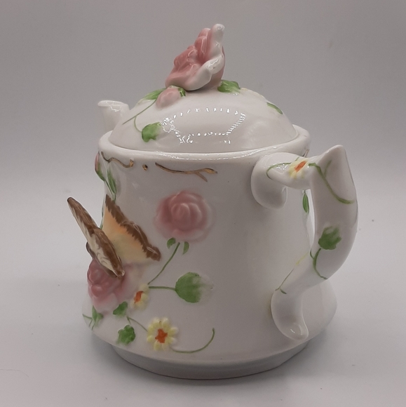 Otagiri Enesco Teapot Music Box 1995 Floral Butterfly Wind Beneath My Wings Song - Picture 2 of 7